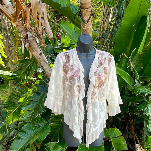 Sheer and floral and silver, crochet, patchwork, ruffled romantic jacket - Picture 1 of 5